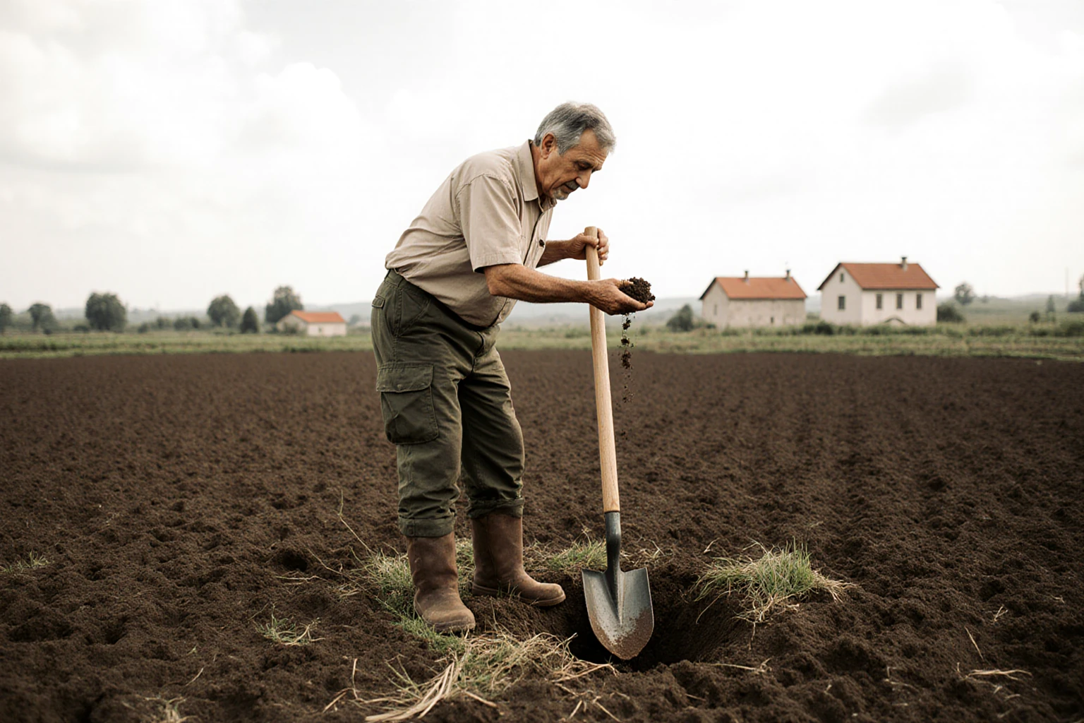 Farmer with a spade holding soil from an arable field