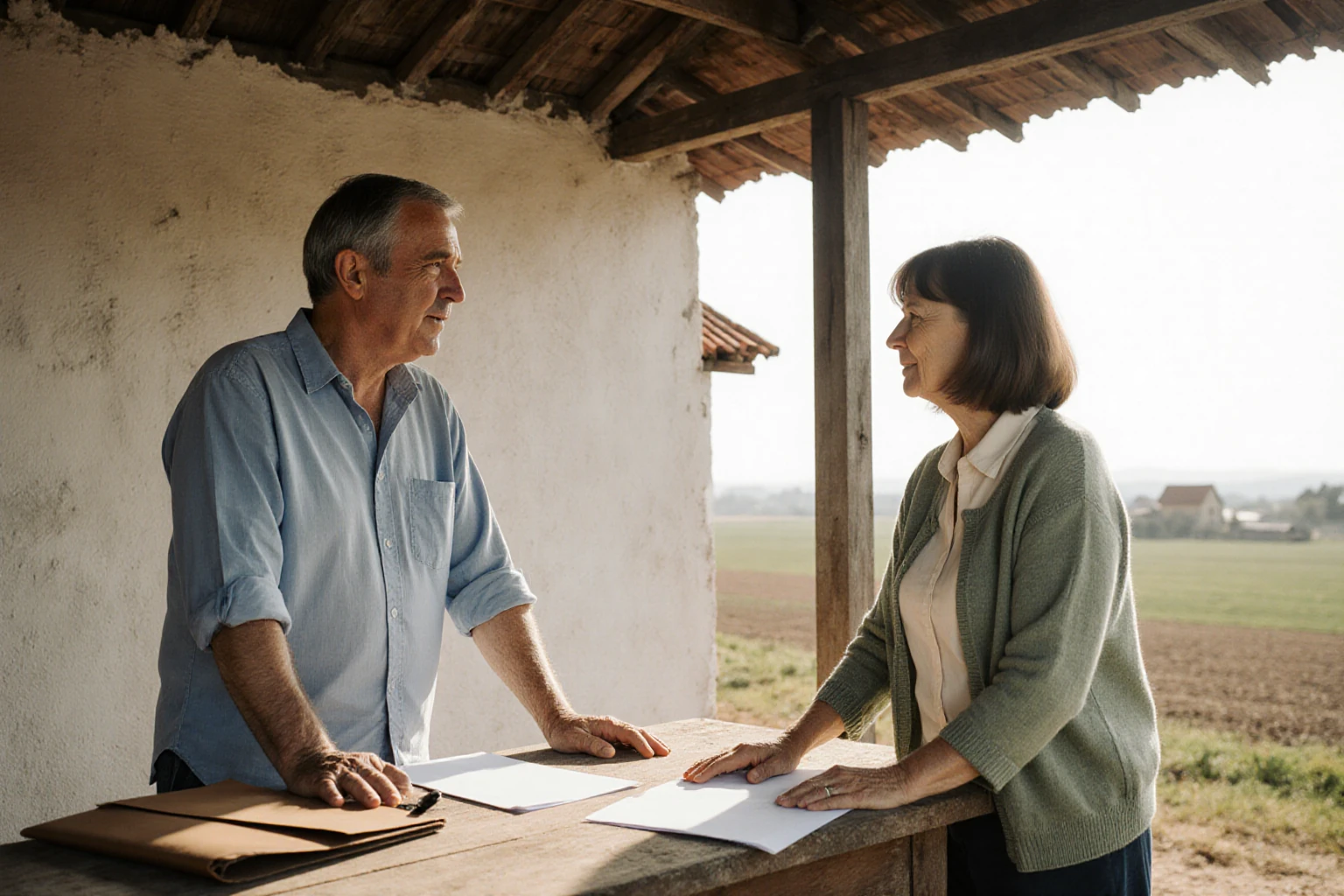Two people talking at a workbench in an open farm building, with fields in the background