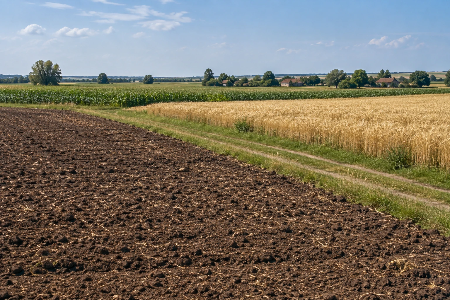 Romanian arable land with freshly tilled soil, a wheat field and a maize parcel